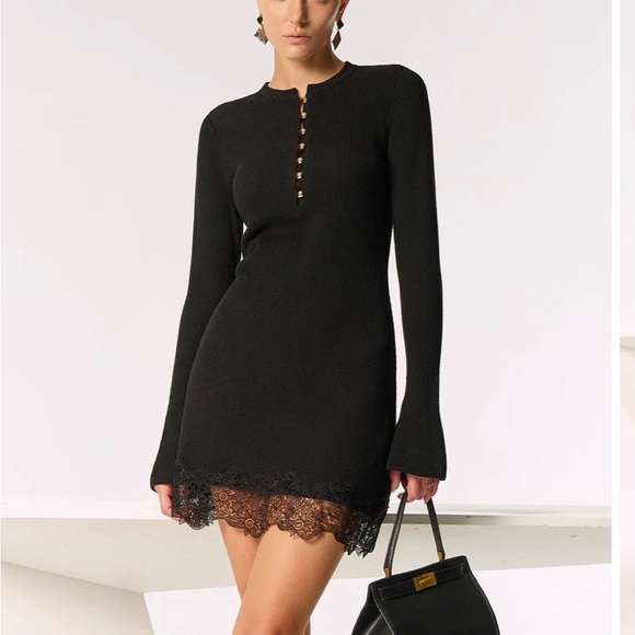 Commense Black Ribbed Dress with Lace Detail - Picture 3 of 4
